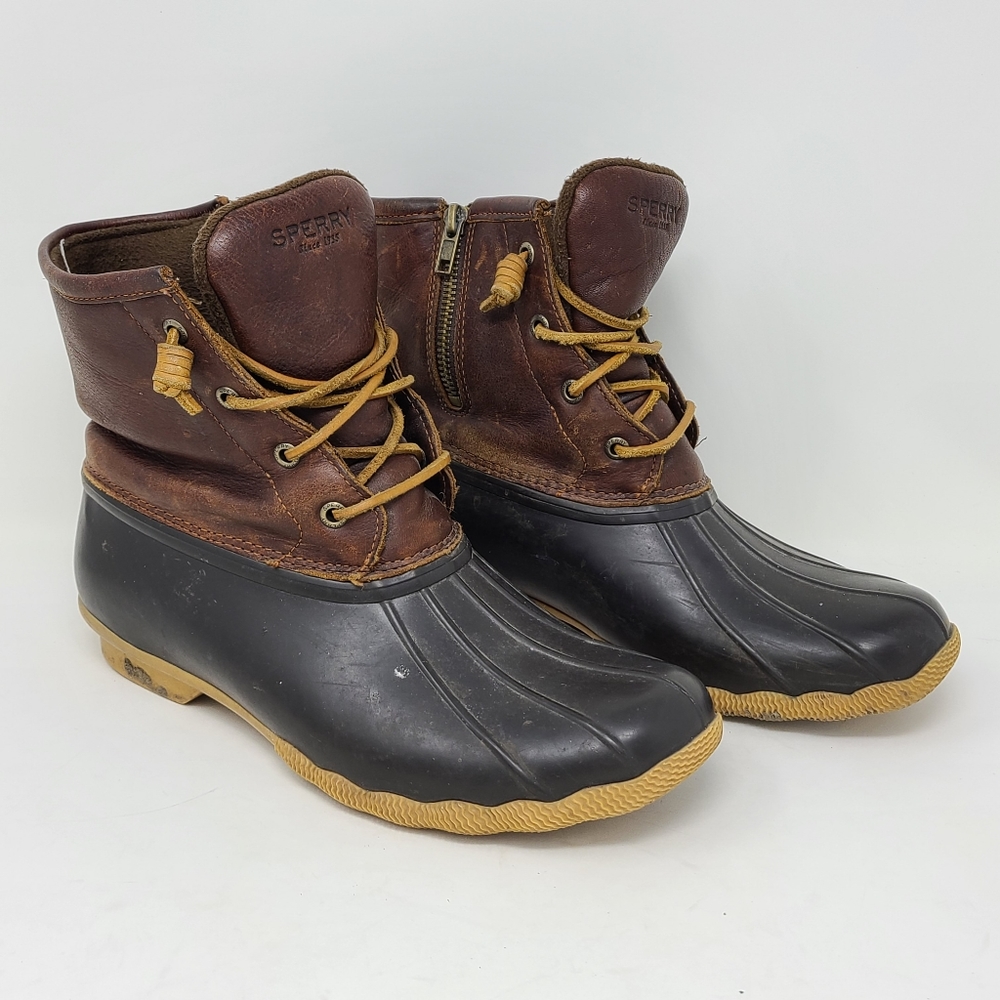 Sperry Saltwater Duck Rain Boots Brown STS91176 Size 10 Women Leather Ankle Zip
